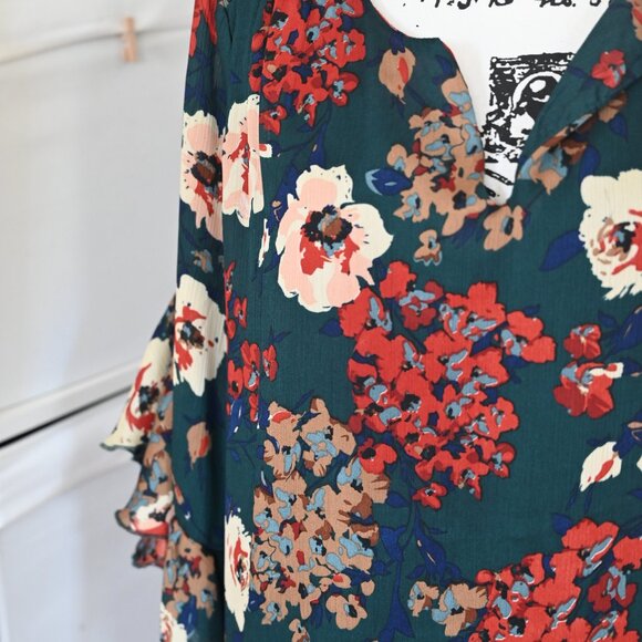 Umgee Women's Mini Dress Tunic Floral Large Open 3/4 Slv Hippie Boho Green - Picture 3 of 7